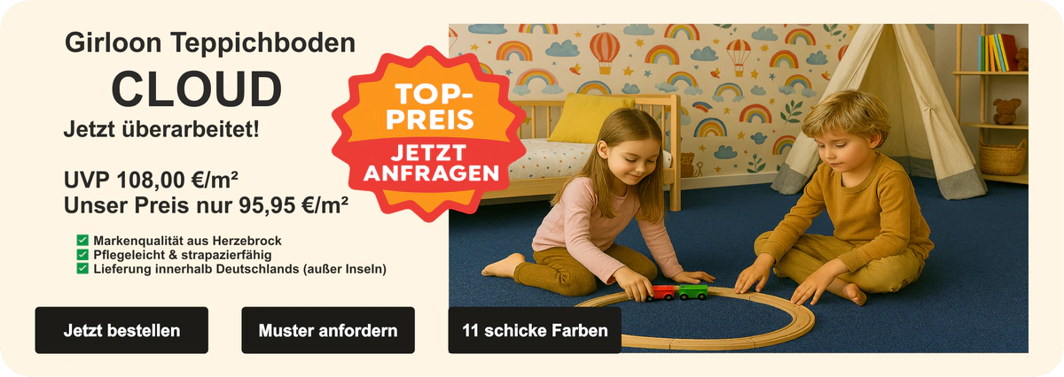 „Kinderzimmer mit Spielteppich – Girloon Cloud Teppichboden in hochwertiger Markenqualität, ideal für Familienräume“